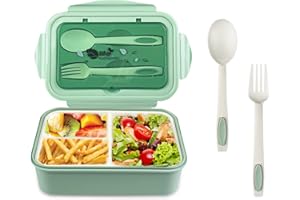 Newpop Fiambrera con 3 Compartimentos y Cuchara Tenedor 1400ml, lunch box Sin BPA Hermetica fugas, bento box para Microondas y Lavavajillas, loncheras para Adultos Niños Escuela Trabajo, verde