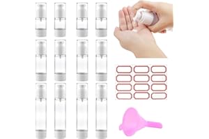 DOUSELLA 12 Stück Leer Airless Pumpspender Creme Pumpeflaschen 15ml 30ml 50ml Reise Pumpe Flaschen Nachfüllbar Lotionspender mit Trichter Etikette Vakuum Cremespender Spenderflasche für Kosmetik
