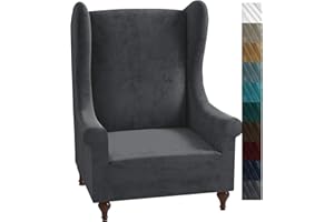 XINEAGE 1 Piece Velvet Wingback Chair Slipcover Stretch Wing Chair Cover Non Slip Furniture Protector with Foam Rods for Living Room (Wingback Chair, Grey)