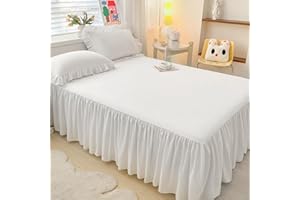 Highdi Betthusse 140x200 Bettrock, Elastische Bettwäsche mit Rüschen, Weiß Baumwolle Bed Skirt Umwickeln mit Elastischem Gürtel - 40 cm Rock – Schrumpffest und Farbecht