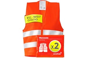 PURAHELP Warnwesten Auto 2er Set - Europaweit gültig nach EN ISO 20471 - Reflektierende Sicherheitsweste Auto Warnweste Orange - Warnschutzweste für Erwachsene