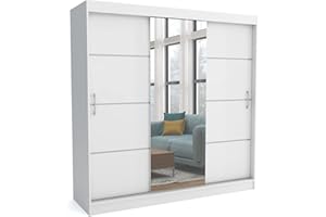 ‎BRENT Brent - Kleiderschrank mit Spiegel 200cm Breit Windsor Tomy I Schlafzimmerschrank mit Stangen und Einlegeböden für Kleidung I Kleiderschrank Weiß