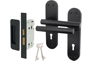EAI Black Door Handle Key Lock Set | 1 Pair of Matt Black Internal Lever T-Bar Handles on Backplate with Sash Lock (64mm) & Keys | Oliena Range