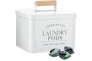 TOLIDA Metal Laundry Pods Container with Lid - White Square Storage Box for Laundry Pods, Detergent Pods Holder for Laundry Room, Metal Storage Container for Washing Pods, bath Bombs