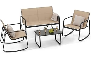 COSTWAY Muebles Jardin Exterior 4 Piezas, 2 Mecedoras y Sofá de 2 Plazas con Mesa con Tapa de Cristal, Mesa y Sillas Terraza, Conjunto Jardin Exterior Balcon (café)