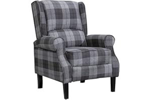 HUISEN furniture Comfy Recliner Armchair Chair Living Room Reclining Chair Checkered Fabric Upholstered Leisure Chairs High Back with Arms Bedroom Home Lounge Cinema Gaming (Grey Tartan)