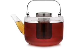 VIVA SCANDINAVIA Viva Bjorn Tetera de vidrio borosilicato para estufa con infusor de té de hojas sueltas de malla Tetera moderna con mango de acero inoxidable y tapa ventilada fabricante de té para infusiones florales