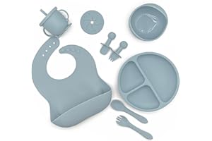 Bojiwavawd Baby Led Weaning Kit Silicone Baby Feeding Set Baby Bibs Suction Bowl Divided Plate Utensils Set
