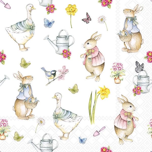 20 Servietten Mit Kleinen Hasen & Frühlingsblumen – 33x33 Cm, 3-lagig | Für Ostern, Frühlingstisch & Basteln