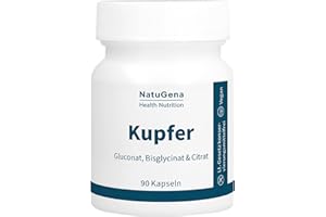 ‎NATUGENA NatuGena Kupfer Komplex, 3 Kupferformen Gluconat Bisglycinat Citrat, Nerven- & Immunsystem, Haut- & Haarpigmentierung, Zellschutz antioxidativ, deutsche Herstellung, 90 Kapseln (3-Monats-Packung)