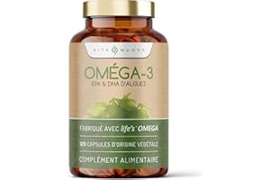 VITA NUOVA Omega 3 Vegan Supplément – 120 Capsules – Huile d'algues – Haute Concentration – DHA 300 mg – EPA 150 mg – Fabriqué avec life'sOMEGA – Oméga 3 Végétalien - Sans Additifs (120 Capsules - Bouteille)