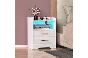 Lvhcmfohm Nachttisch Boxspringbett mit Steckdose, Nachtschrank mit Led, Moderner Nachtkästchen, Nachtkommode mit 2 Schubladen (Weiß, 45x40x58cm)