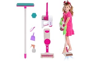 YULEYU Kids Vacuum Cleaner Toy, 3 in 1 Realistic Suction Kids Cleaning Playset With Sound, Pretend Role Play HouseKeeping Toy, Sponge Rag Cleaning Tools for Toddlers (Pink)