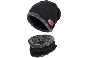 VAWSVOCS Ensemble de bonnets en tricot unisexe - Bonnet tricoté et cache-cou - Bonnet élastique - Cache-cou en tricot - Cadeau pour femme et fille - Sport de plein air, Noir , M