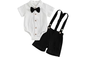 Himllauen Infant Baby Boy Summer Gentleman Outfit Solid Color Short Sleeve Lapel Neck Shirt Romper + Stripe Suspender Shorts + Bowtie for Newborn Toddler Boys