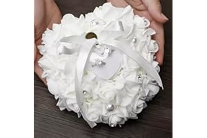 VINIFREDY VIinifredy Luxury White Wedding Ring Pillow Cushion Wedding Cushion – Elegant Heart-Shaped Ring Pillow with Pearls for Wedding Ceremonies