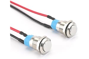 Powice 2x 12mm Wasserdicht Schalter,Druckschalter,Selbstsichernder Edelstahl Taster Schalter 12V /230V Geeignet für Hupen, Autoklingeln, Autos usw Mit 20cm Anschlusskabel (überstehend)