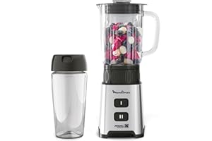 Moulinex Pulseo, Batidora de vaso individual de 400 W, batidora de 4 cuchillas de 700 ml y con recipiente portátil de 600 ml, 2 velocidades, para zumos y smoothies, acero inoxidable, LM17GD