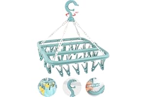 LWMTT Etendoir Chaussette, Étendoir à Linge à Suspendre avec 32 Pinces,Etendoir Linge Interieur Extérieur Suspendre, Sechoir a Linge Rotatif Pliant, pour Chaussettes, sous-Vêtements et Petits (Bleu)