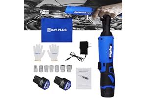 YouseaHome 3/8” Electric Cordless Ratchet Wrench Set w/2pcs Rechargeable Batteries and Charger, 40Nm Cordless Ratchet Wrench 90° Angle Wrench with LED Work Light, 7 Sockets Set