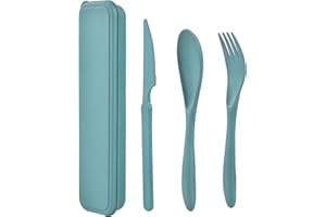 NOEWMUB Przybory podróżne z etui, plastikowe sztućce wielokrotnego użytku, zestaw sztućców podróżnych, zestaw sztućców do podróży, pracy, szkoły, na piknik, kemping lub do codziennego użytku (zielony)