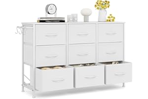 ‎LEADER ACCESSORIES Flur Kommode mit 9 Stoffschubladen - Wohnzimmer Industrial Metall Schubladenschrank - Eingangsbereich rustikaler Aufbewahrungsschrank - Schlafzimmer Stoffkommode Kleidung - Weiß 100x30x65cm