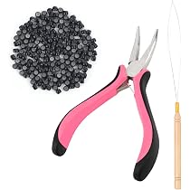 Vlasy Haarverlängerungs-Zange Set – Mit Nanoringen, Schlaufeneinfädler, Rosa, Für DIY-Extensions