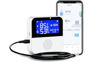HAOZEE WiFi Temperature Sensor with Waterproof External Probe, Tuya Smart Temperature Humidity Monitor with Backlight LCD Display, Buzzer Alarm & App Notification Alert, Remote Monitor for Incubator Wine