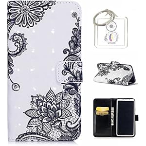 für iPhone X Hülle, Retro 3D Muster PU Leder Hülle Wallet Case Folio Schutzhülle in mit Standfunktion Karteneinschub und Etui Flip Case Schutzhüllen +Schlüsselanhänger (P)