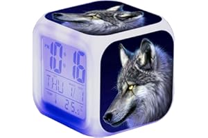 Nicole Knupfer Wolf Wecker Kinder Wecker LED Night Nachttischwecker Quadrat Beleuchteter LCD Uhr Wake Up Wecker Geschenk Muster Wolf (#3)