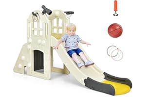 DREAMADE Toboggan Enfants 6 en 1 Panier de Basket Escalade Tunnel Lancer d'Anneaux Télescopique Decoratif, Toboggan Extérieur et Intérieur en HDPE pour 3-8 Ans, Balle Souffleur Inclus (Jaune)