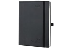 POPRUN Agenda 2025 Semainier 22 x 16,5 cm - Couverture Souple en PU Cuir, Vertical Planner, D'Jan 2025 à Déc 2025-12 Mois, Avec signet à 2 rubans, Papier 100 g/m², Noir