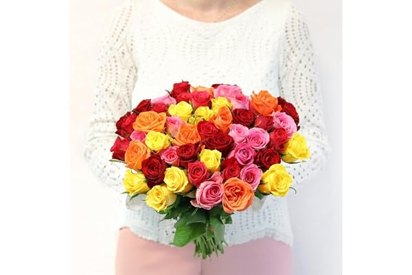 Fleurs et Délices - Brassée de Roses Multicolores Max Havelaar - Fleurs Fraîches - Bouquet de Roses Multicolores, Commerce Équitable Fairtrade, Idée Cadeau Anniversaire ou Amour, 40 Tiges