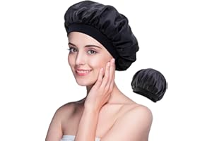 iJiGui Satin haarhaube, Nacht Schlafmütze, Seidenhaube zum Schlafen Weiche Satin Haube, Schlafhaube Haare Schützen Elastisch Wiederverwendbare Bonnet Sleep Cap Satin Bonnet (Schwarz)