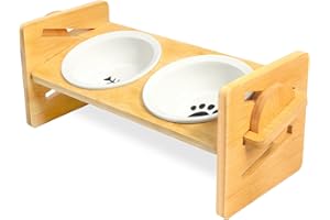 MOKHT Katzennapf Erhöht mit Ständer - Höhenverstellbar Futternapf Katze, Katzennäpfe Futterstation aus Bambus, Hundenapf Keramik Näpfe mit Rutschfesten Füßen für Kleine Hund und Katze