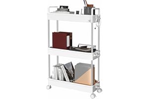 Ronlap carrello portavivande per cucina bagno, 3 livelli, multiuso, ripiano stretto, con gancio maniglia, bianco