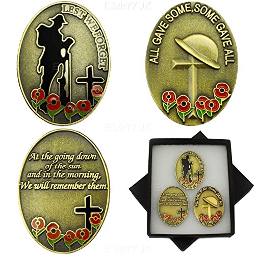 NEW BOXED SET OF 3 LEST WE FORGET REMEMBER THEM ANTIQUE GOLD ENAMEL POPPY BADGES IN PRESENTATION BOX UK SELLER