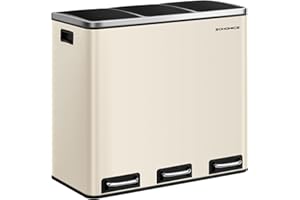 SONGMICS kosz na śmieci kuchenne, 3 x 18 l, 3-komorowy system selektywnego sortowania, kosz na śmieci, kosz na śmieci z żółtymi torbami, odpady organiczne, z pokrywką, stal, piaskowy beż LTB054A02