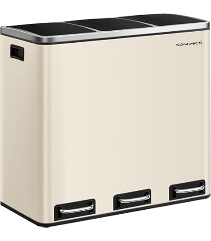 Vkechh Afvalemmer keuken, 3 vakken, 42 l, droge en natte scheiding, afvalemmer keuken met deksel, pedaalemmer met deksel op wielen, voor keuken, woning, kantoor, wit