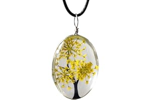 ZEN&TAO Oval Transparent Dried Flowers Pendant Women Necklace with Black Cord Chain Gift for All Occassions