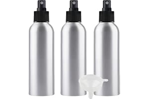 PQPAUTY 3 Piezas Pequeño 200ml botella de spray pulverizador Botella de Aluminio Plata con Bomba en Negro Niebla Fina Atomizador para Perfume Viaje Artículos de Agua Cosmético, con Embudo
