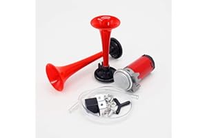 YIYDA Bocina de coche trompa doble bocina 135db altavoz bocina fuerte trompetas kit contiene dos tonos bocina de aire bomba de aire de compresor para cualquier camión de 12V SUV barco, etc. (rojo)