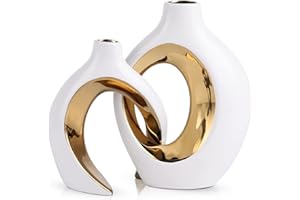 XIAOMAGG Lot De 2 Vases en Porcelaine Style BohèMe pour DéCoration D'IntéRieur, Table De Mariage, Pendaison De CréMaillèRe (Brillant - Or Blanc)