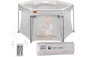 Venture All Stars Joy Award-Winning Foldable Baby Playpen – Large, Portable Play Pen for Babies & Toddlers, Breathable Mesh & Fitted Mat, Easy to Set Up, Includes Travel Bag - Silver (6-36 Months)