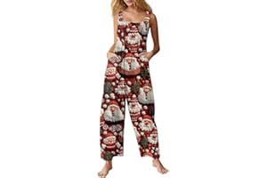 PAIDAXING Christmas Jumpsuits for Women UK Novelty Santa Claus Snowman Print Xmas Dungarees Plus Szie Overalls Ladies Wide Leg High Waist Onsies Romper Sleeveless One Piece Playsuits with Pockets
