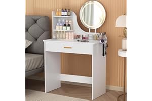 ‎AMHANCIBLE AMHANCIBLE Schminktisch mit Beleuchtung, Frisiertisch mit Runder Spiegel, Kosmetiktisch mit große Schublade, 3 Farben mit Einstellbarer Helligkeit, 3 offenen Fächern, modern, weiß EHSKP01WT