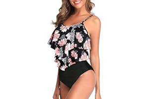 Genfien Damen Badeanzug Rüschen Zweiteilige High Waist Bikini mit Hoher Taille Bademode Volant Bedruckt Badeanzug