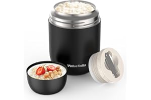 ValueTalks Termo para Alimentos 450ml Tarro de comida Acero Inoxidable Aislado al Vacío Frasco con una Cuchara Plegable para Adultos Niños y Bebés(Negro)
