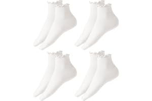 SLEEKEE Lot de 4 paires de chaussettes unies froncées - Chaussettes amples - Chaussettes confortables en dentelle - Respirantes - Pour femme - Antidérapantes - Sans couture - Motif coton (blanc), Blanc., M-L