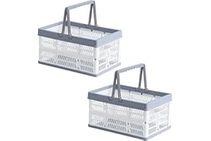 Ruucy Set di 2 Cassette Plastica Pieghevoli con Manici, 29,8 x 19,8 x 16,3 Plastica Pieghevole Cestini Impilabile, Cassa Pieghevole per Shopping, Bagagliaio dell'Auto, Campeggio, Cucina, Bagno(Bianco)